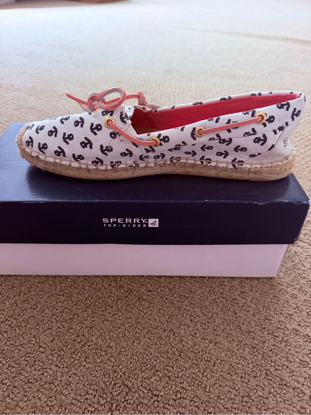 Sperry White Anchor-Print Espadrille Moccasin with Coral Trim